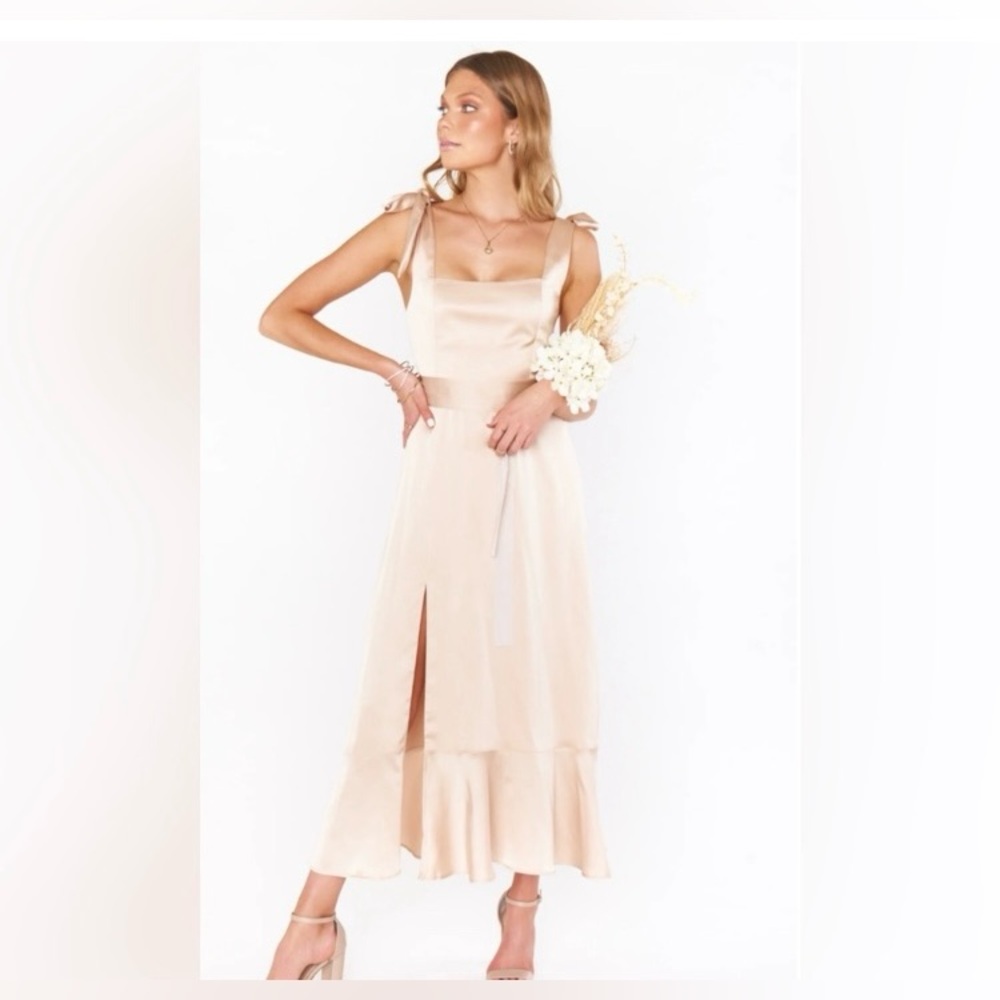 Show Me Your Mumu Claire Midi Dress Champagne Luxe Satin Bridesmaid Wedding Pink